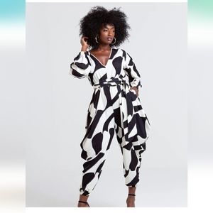 The Drop Women's Black/Whisper White Print V Neck Jumpsuit by JIBRI
